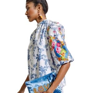 Emily Lovelock Blue Palm Tree Floral Print Puff Sleeve Top - L